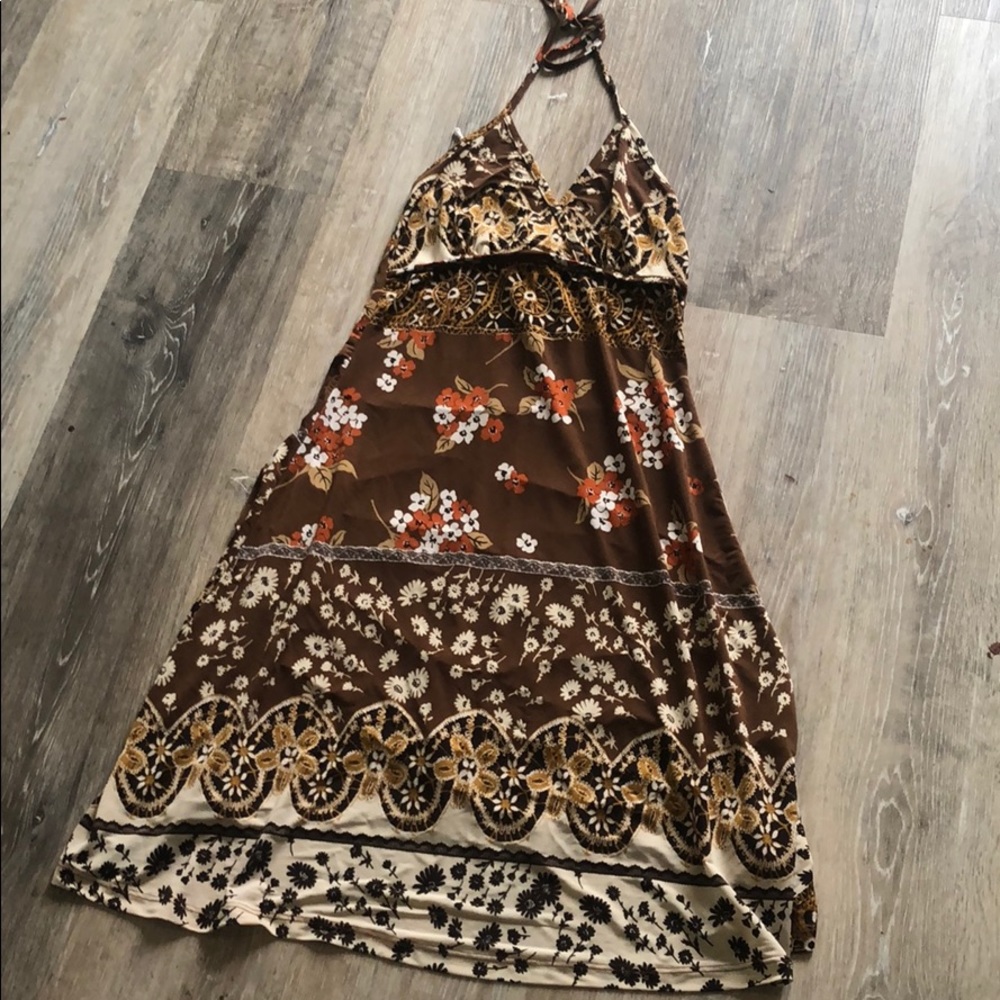 Brown floral patterned halter tie neck sundress